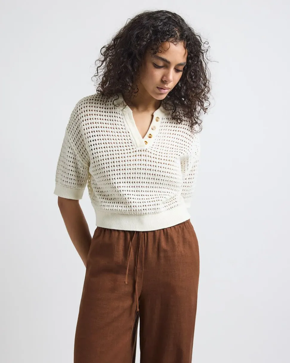 Elbow-Sleeve Crochet Henley Sweater