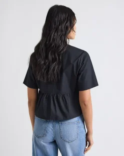Elbow-Sleeve Peplum Blouse with Self-Ties at Front