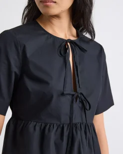 Elbow-Sleeve Peplum Blouse with Self-Ties at Front