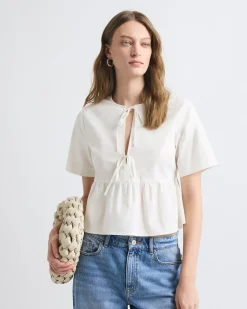 Elbow-Sleeve Peplum Blouse with Self-Ties at Front