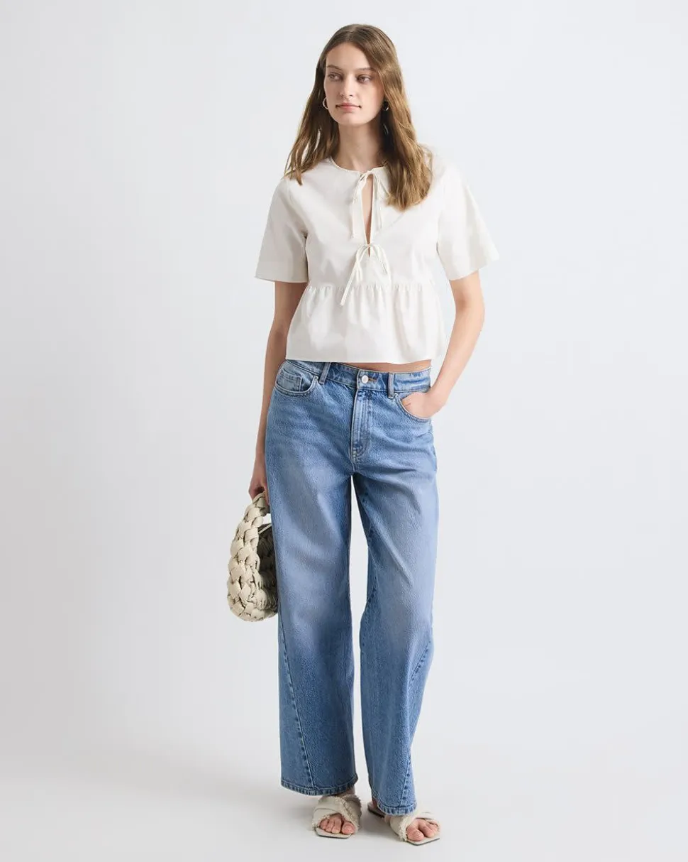 Elbow-Sleeve Peplum Blouse with Self-Ties at Front