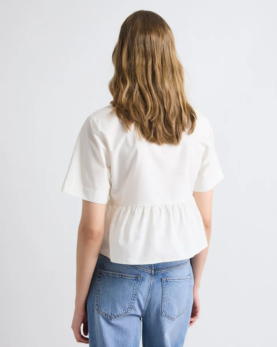 Elbow-Sleeve Peplum Blouse with Self-Ties at Front