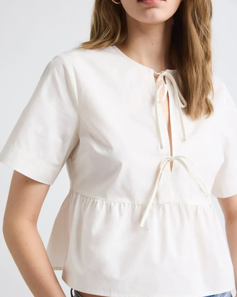 Elbow-Sleeve Peplum Blouse with Self-Ties at Front