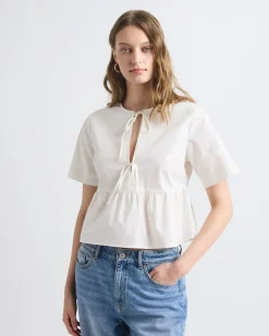 Elbow-Sleeve Peplum Blouse with Self-Ties at Front