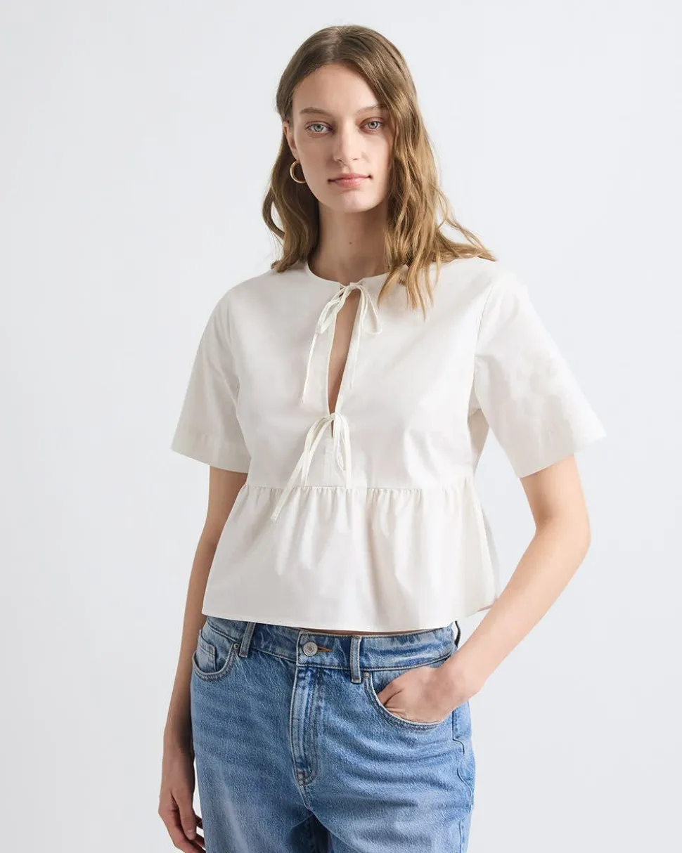 Elbow-Sleeve Peplum Blouse with Self-Ties at Front