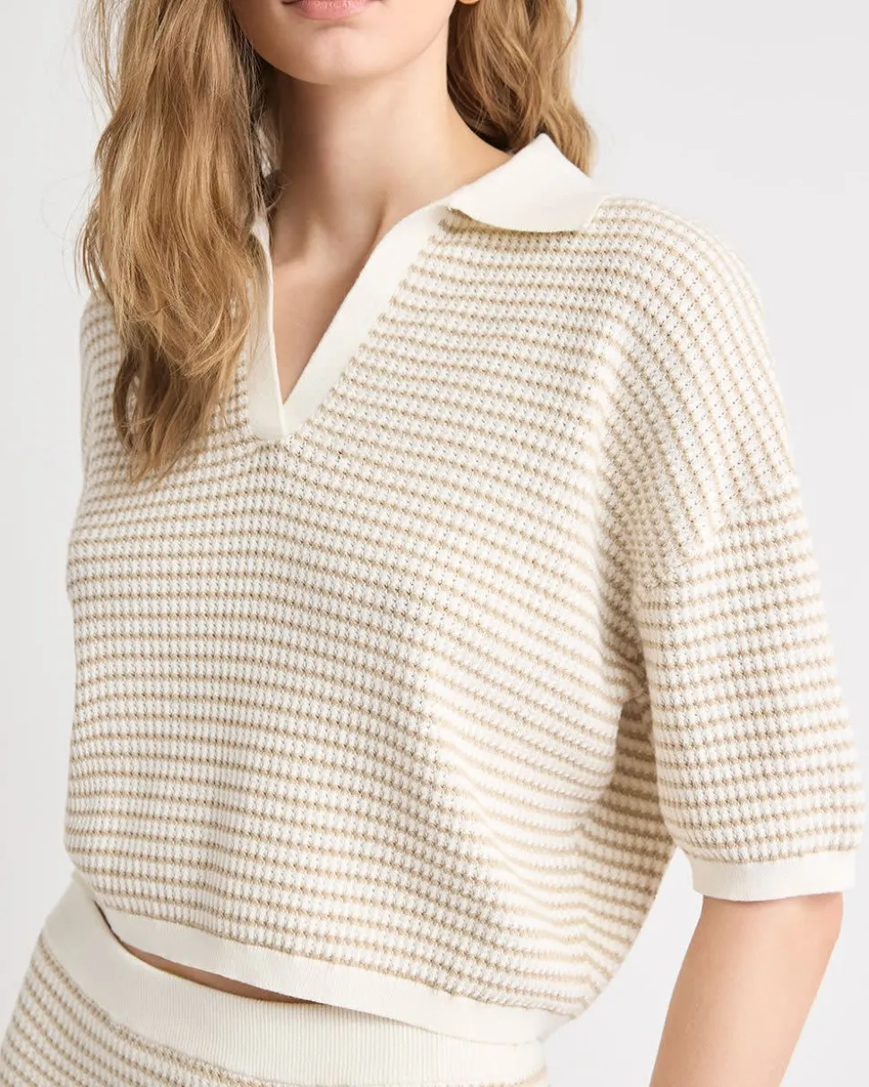 Elbow-Sleeve Polo Sweater in Fancy Stitches