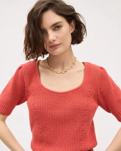 Elbow-Sleeve Square-Neck Cropped Textured Top