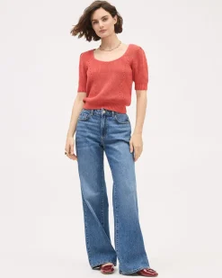 Elbow-Sleeve Square-Neck Cropped Textured Top
