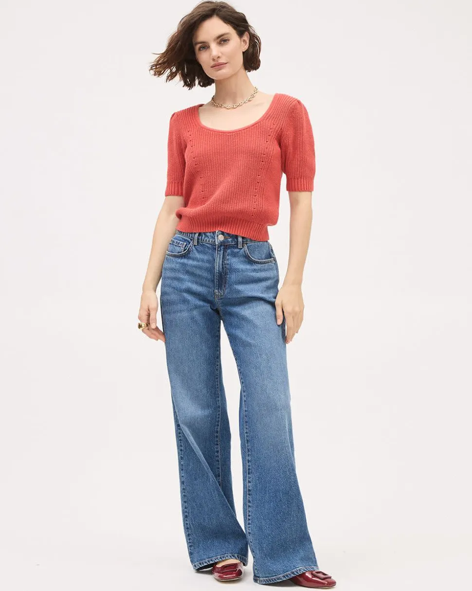 Elbow-Sleeve Square-Neck Cropped Textured Top