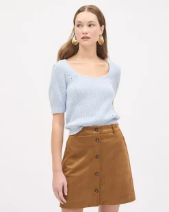 Elbow-Sleeve Square-Neck Cropped Textured Top