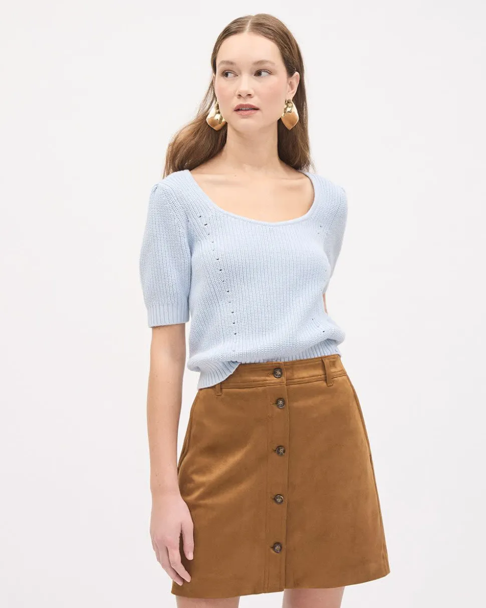Elbow-Sleeve Square-Neck Cropped Textured Top
