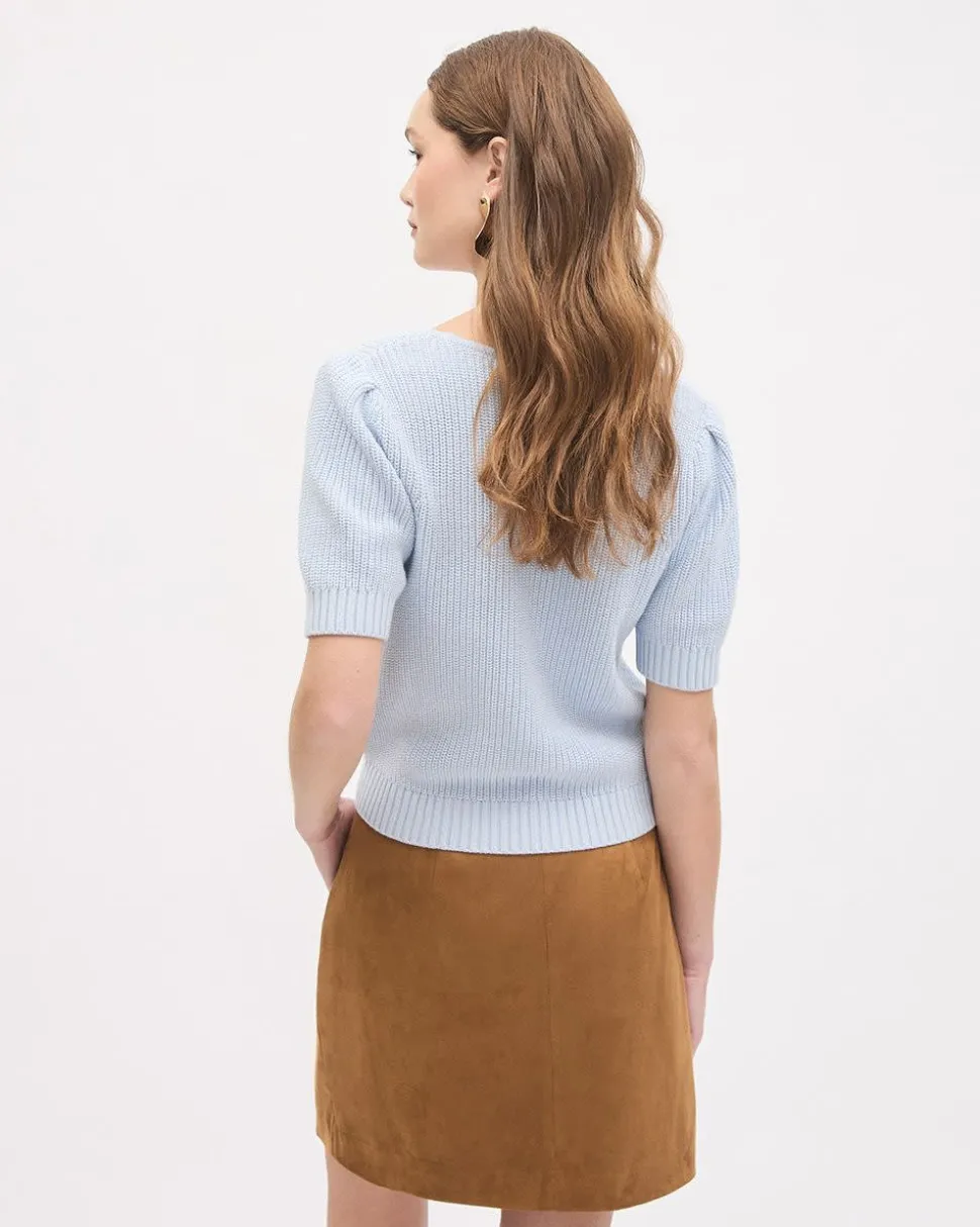 Elbow-Sleeve Square-Neck Cropped Textured Top