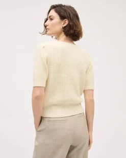 Elbow-Sleeve Square-Neck Cropped Textured Top