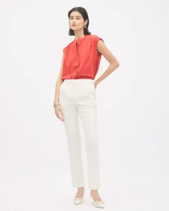 Extended-Sleeve Crew-Neck Buttoned-Down Blouse