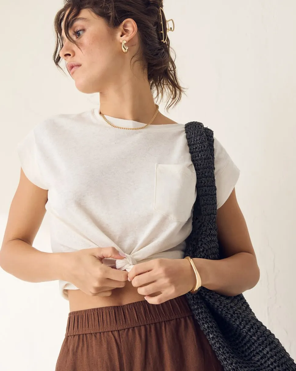 Extended-Sleeve Crew-Neck Linen-Blend Top