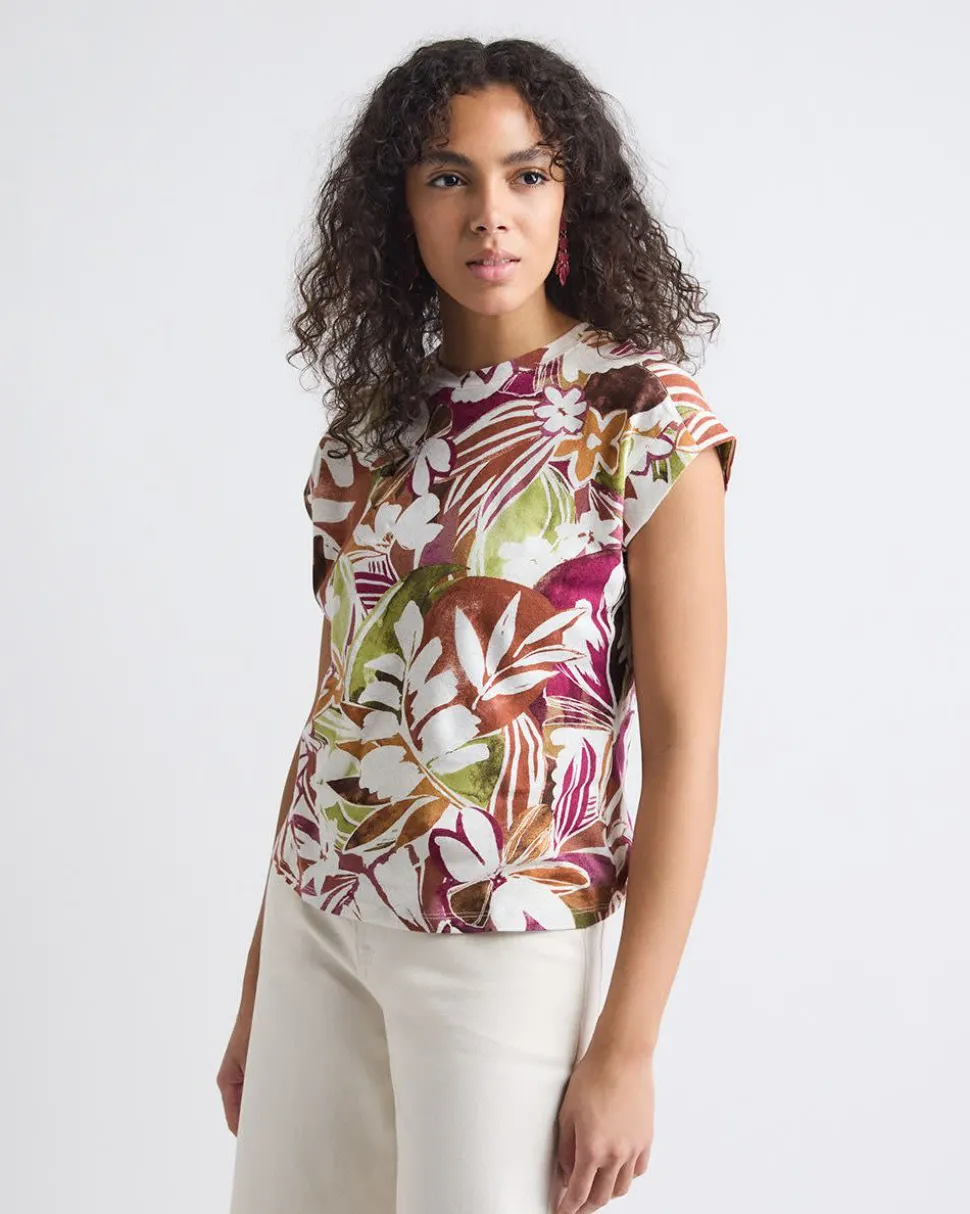 Extended-Sleeve Crew-Neck Linen-Blend Top