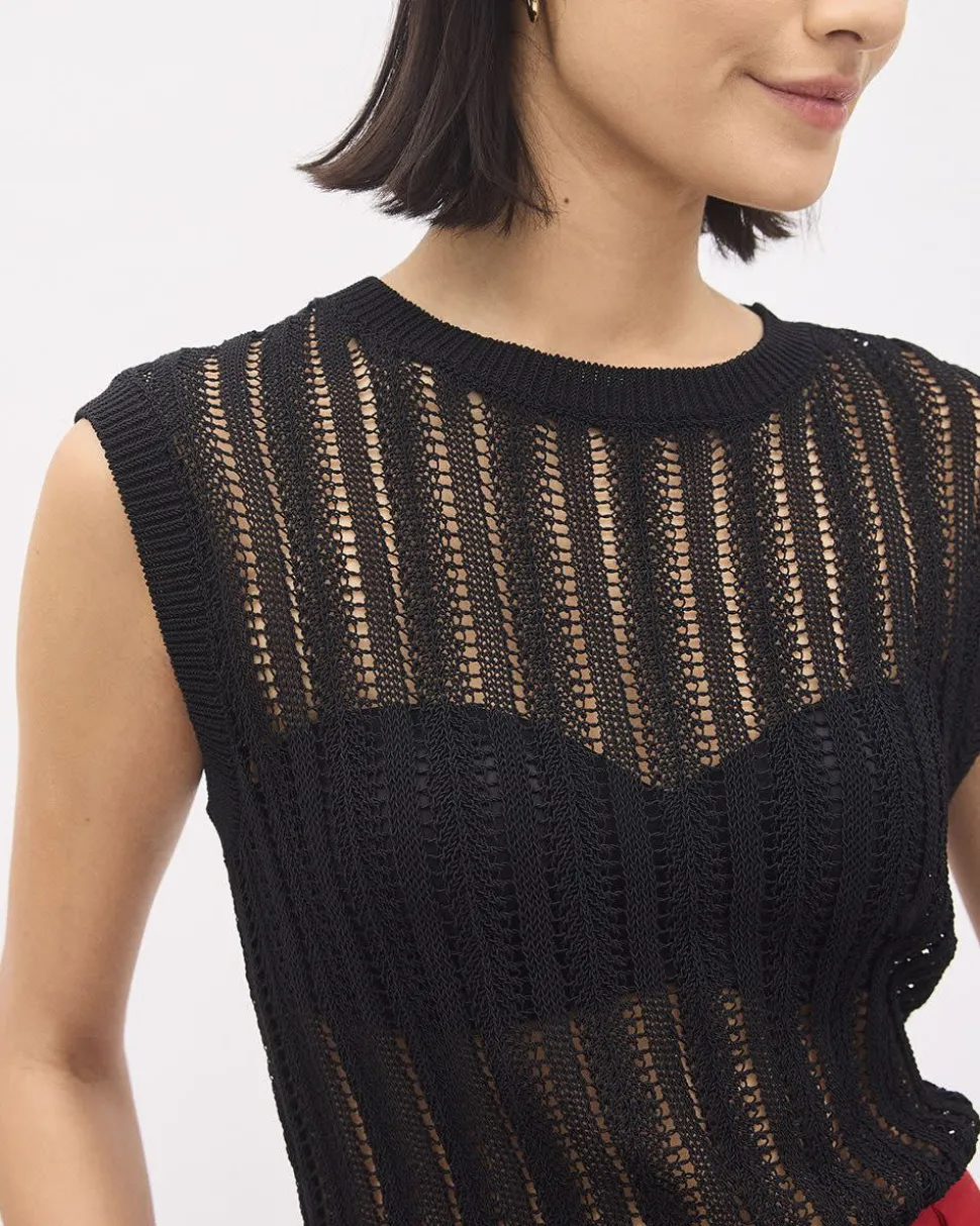 Extended-Sleeve Crew-Neck Open-Stitch Sweater