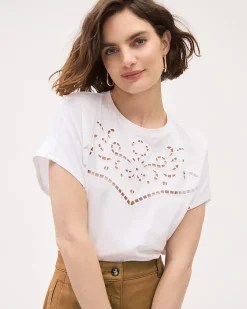 Extended-Sleeve Crew-Neck Top with Eyelet Pattern