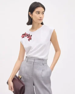 Extended-Sleeve Crew-Neck Top with Flower Embroidery