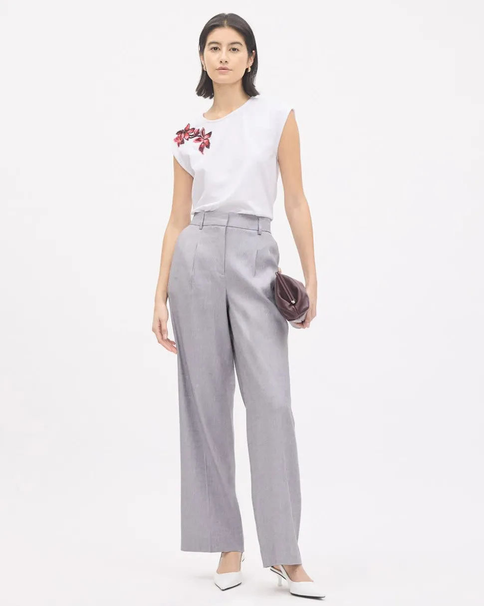 Extended-Sleeve Crew-Neck Top with Flower Embroidery