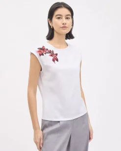 Extended-Sleeve Crew-Neck Top with Flower Embroidery