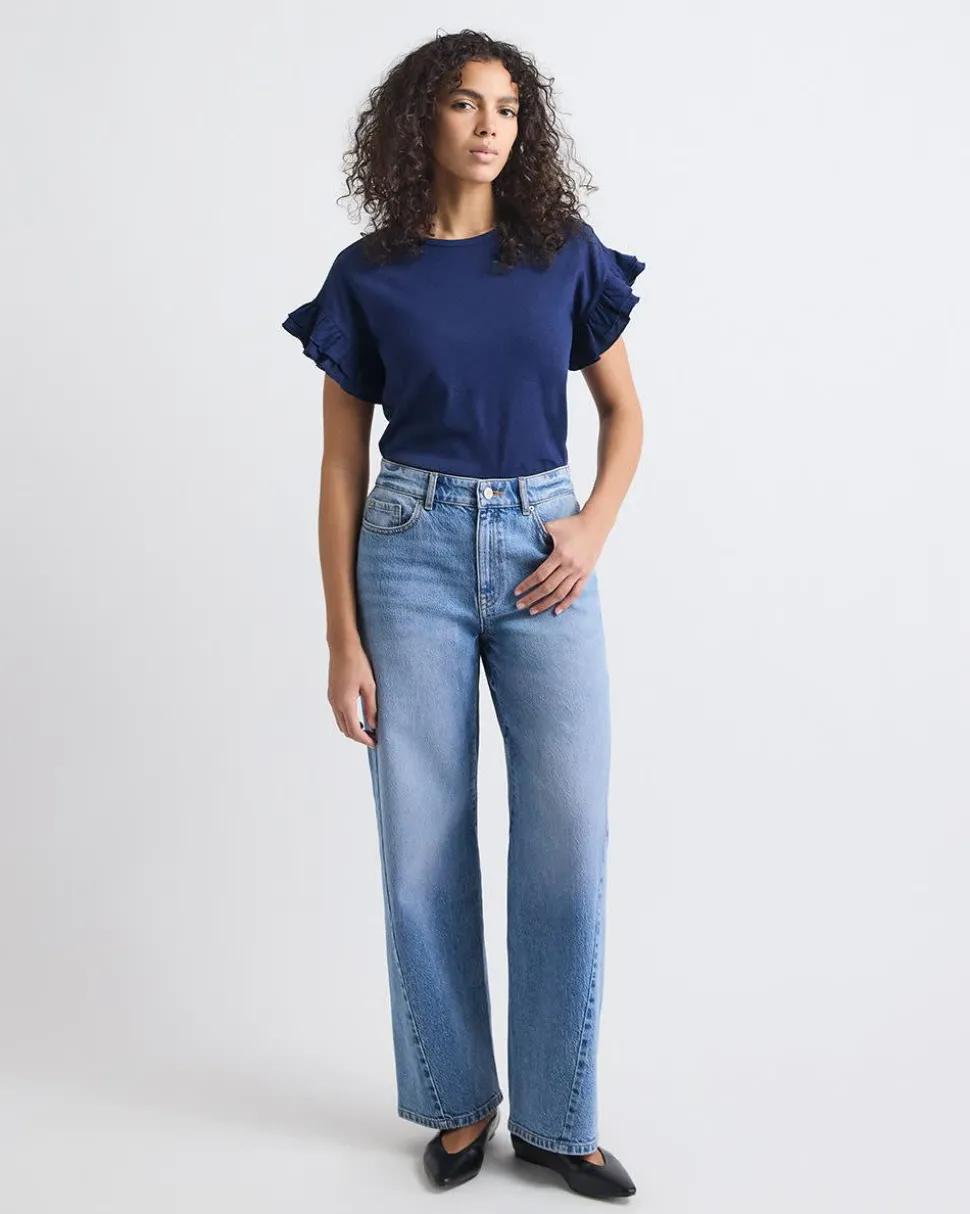 Extended-Sleeve Crew-Neck Top with Ruffles