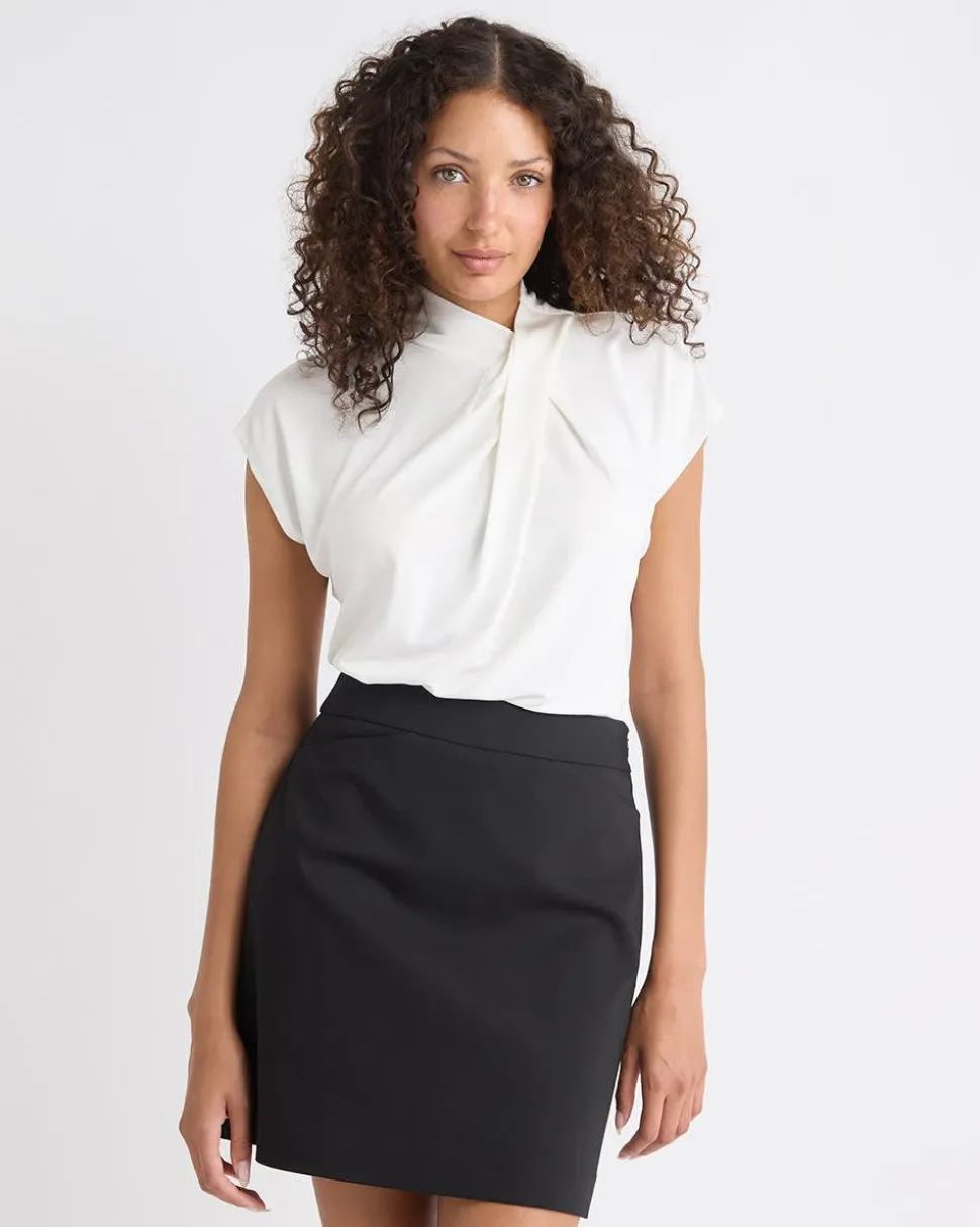Extended-Sleeve Top with Crossover Draped Mock Neckline