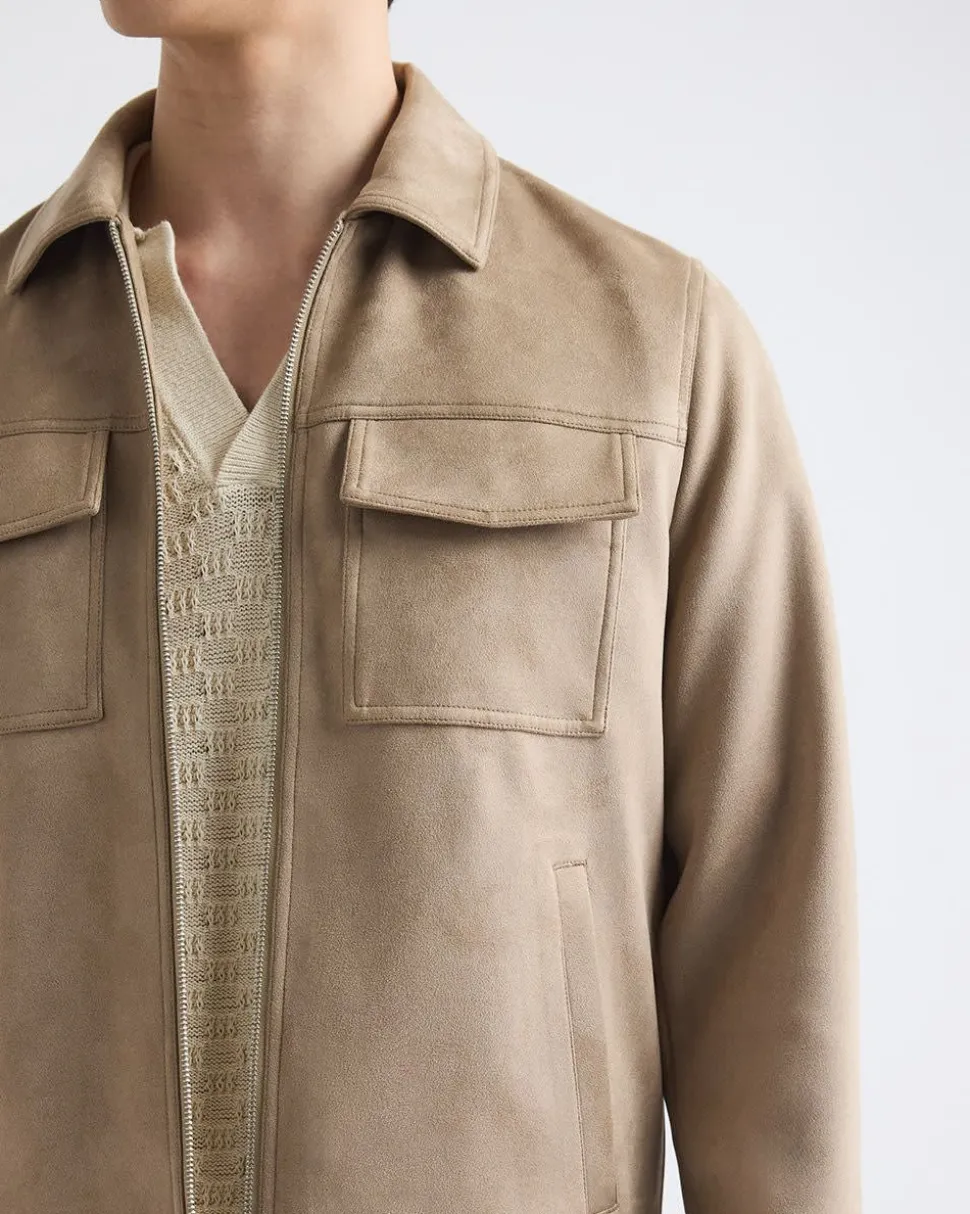 Faux Suede Jacket with Shirt Collar
