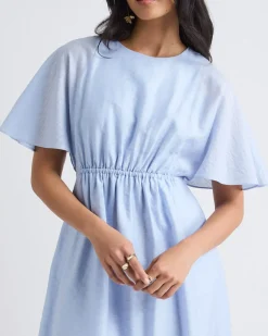 Fit-and-Flare Midi Dress with Short Flutter Sleeves
