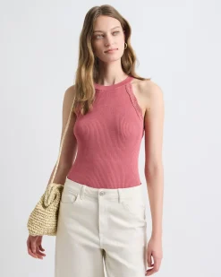 Halter-Neck Ribbed Tank with Crocheted Stitches
