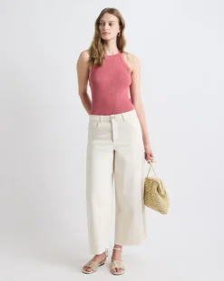 Halter-Neck Ribbed Tank with Crocheted Stitches