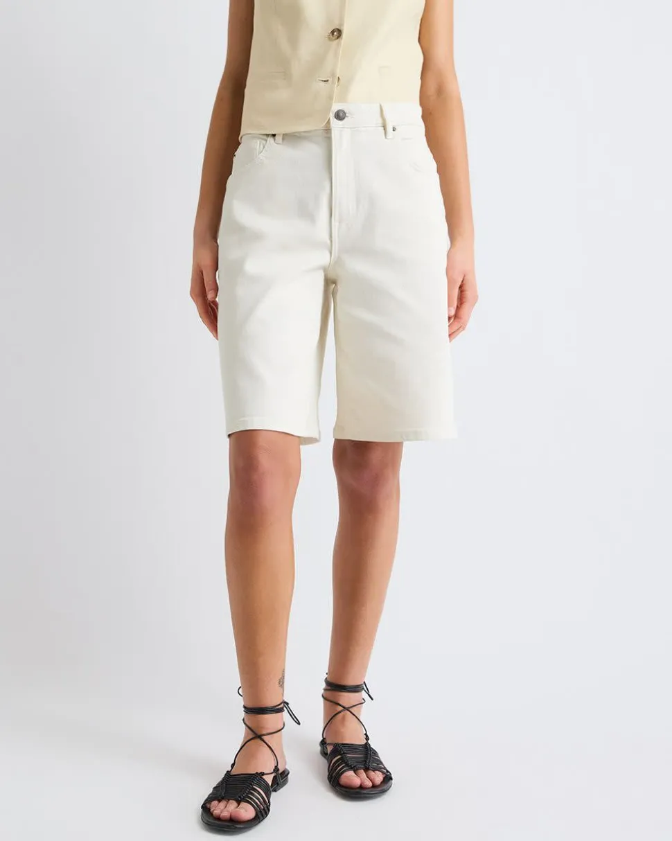High-Rise Cream Denim Bermuda
