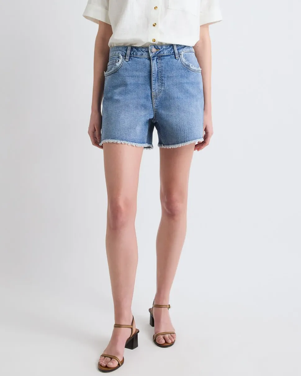 High-Rise Denim Shorts with Raw Hem