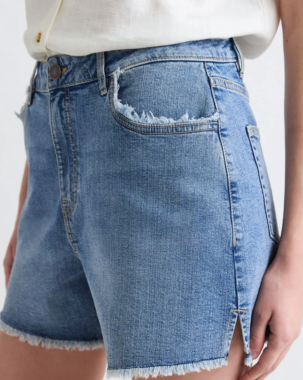High-Rise Denim Shorts with Raw Hem