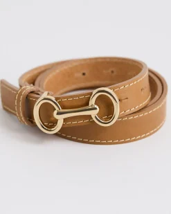 Leather Belt with Golden Buckle and Contrast Stitches