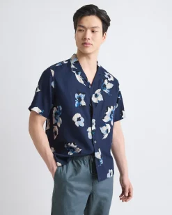 Linen-Blend Short-Sleeve Floral Shirt with Camp Collar