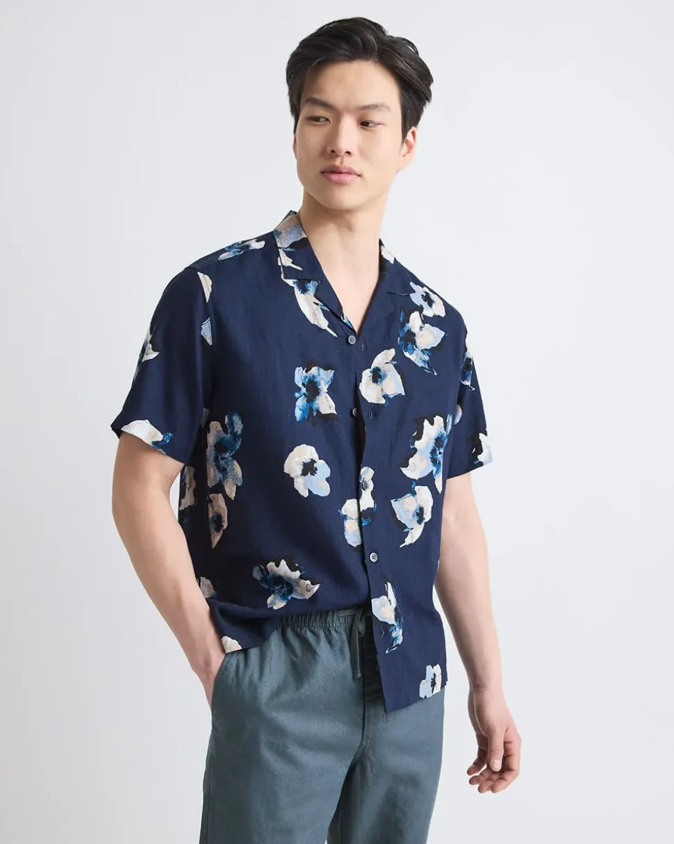 Linen-Blend Short-Sleeve Floral Shirt with Camp Collar