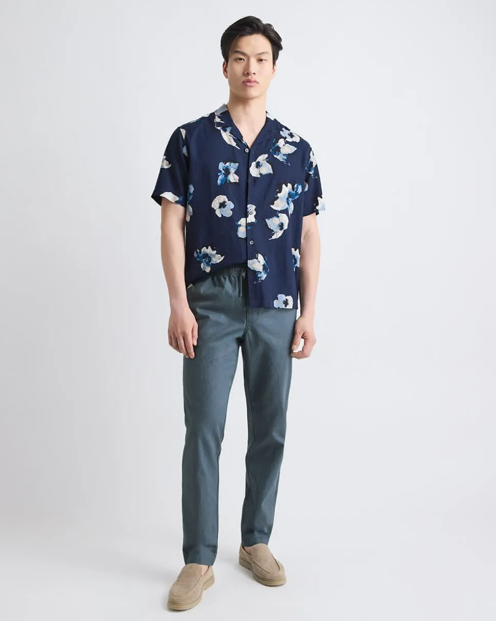 Linen-Blend Short-Sleeve Floral Shirt with Camp Collar