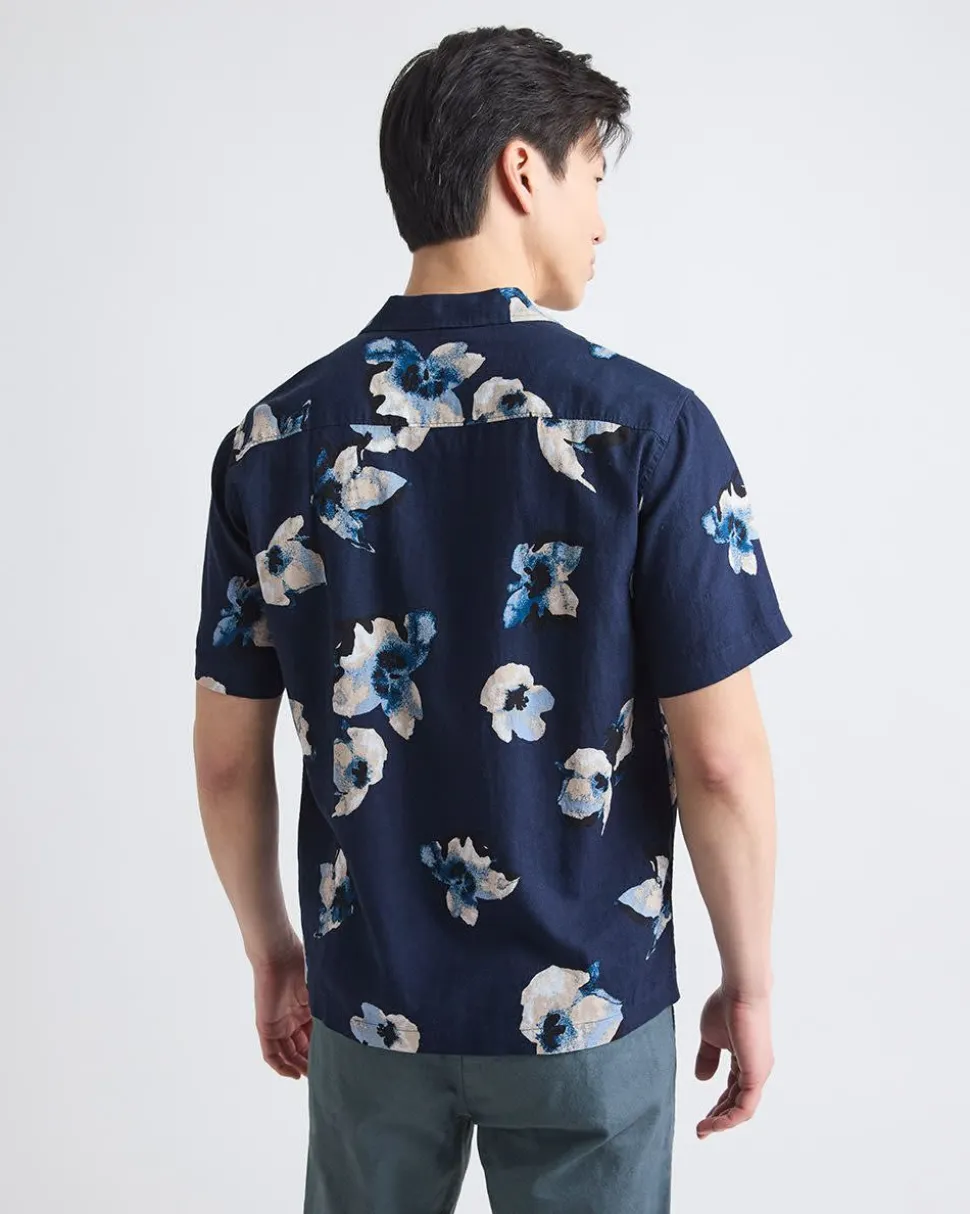 Linen-Blend Short-Sleeve Floral Shirt with Camp Collar