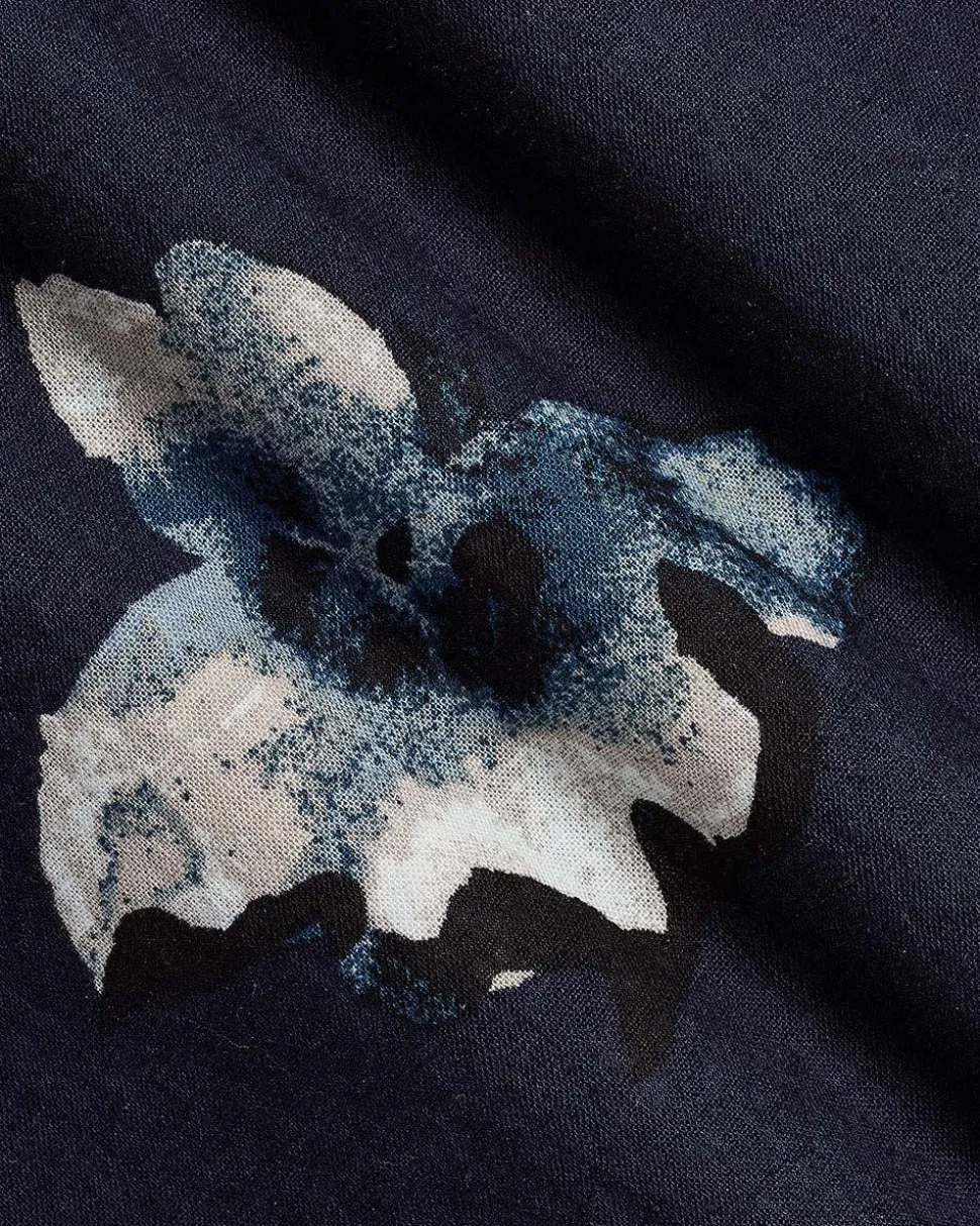 Linen-Blend Short-Sleeve Floral Shirt with Camp Collar