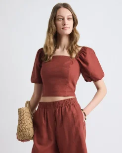 Linen-Blend Square-Neck Tube Top with Puffy Sleeves