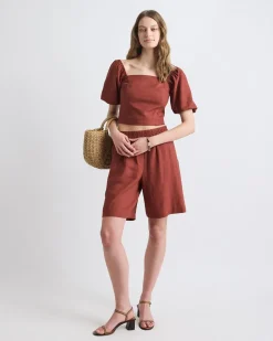 Linen-Blend Square-Neck Tube Top with Puffy Sleeves