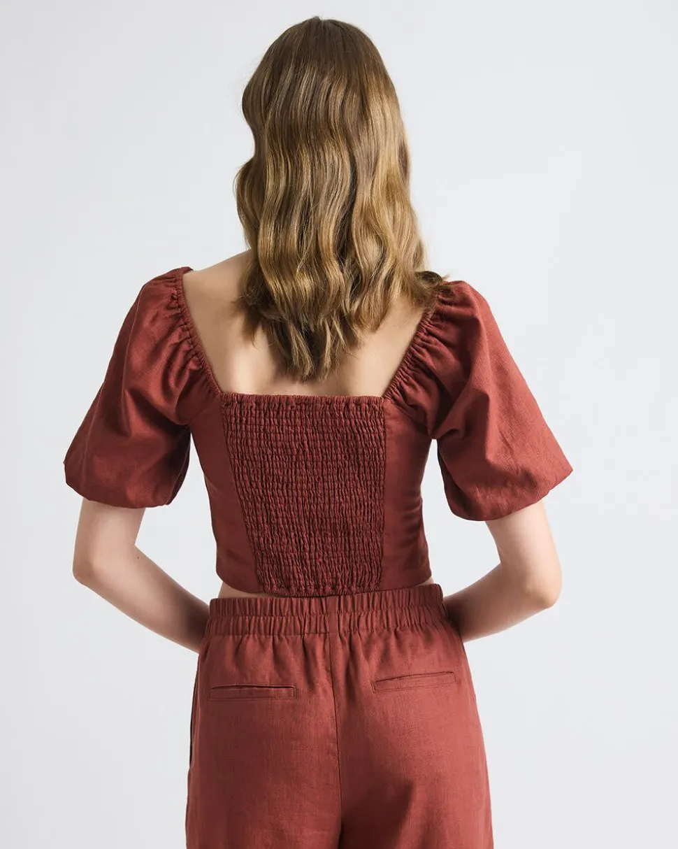 Linen-Blend Square-Neck Tube Top with Puffy Sleeves