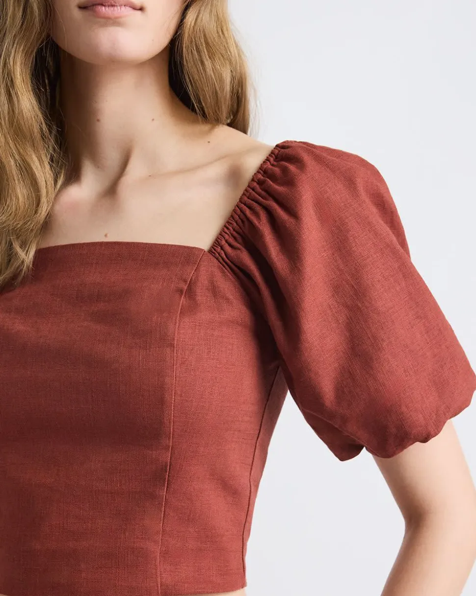 Linen-Blend Square-Neck Tube Top with Puffy Sleeves