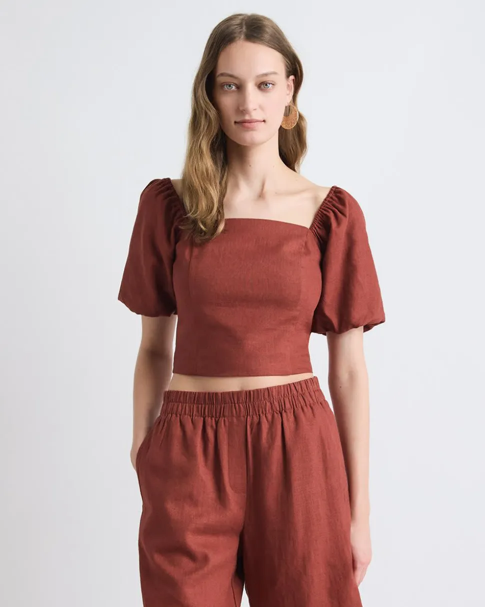 Linen-Blend Square-Neck Tube Top with Puffy Sleeves