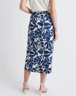 Linen-Blend Straight Midi Skirt with Wrap Front
