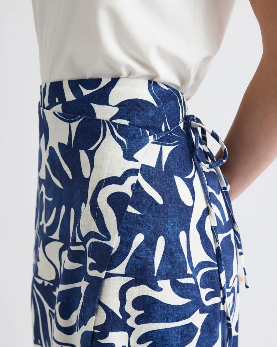 Linen-Blend Straight Midi Skirt with Wrap Front