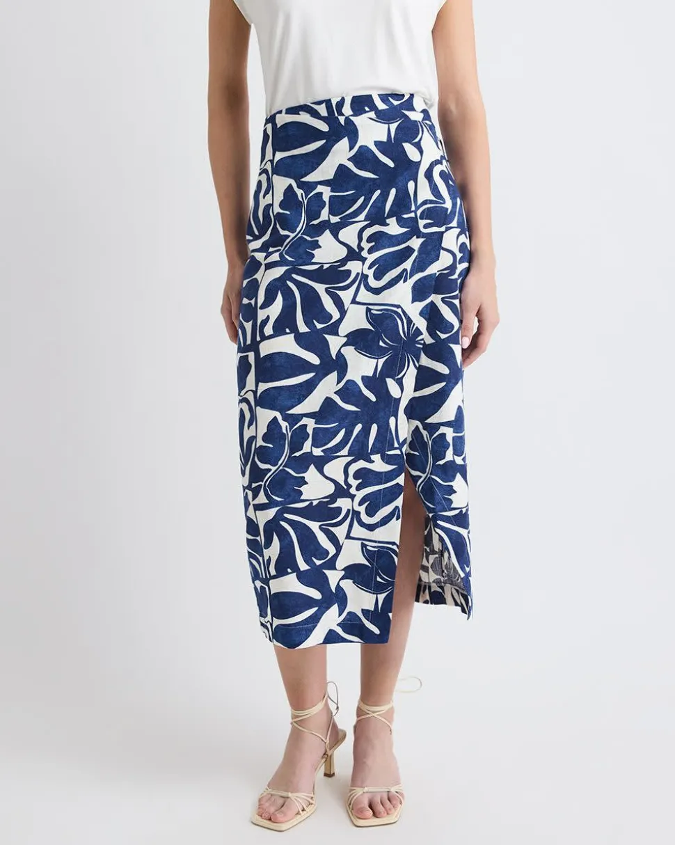 Linen-Blend Straight Midi Skirt with Wrap Front