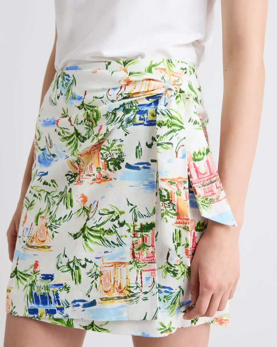 Linen-Blend Wrap Mini Skirt