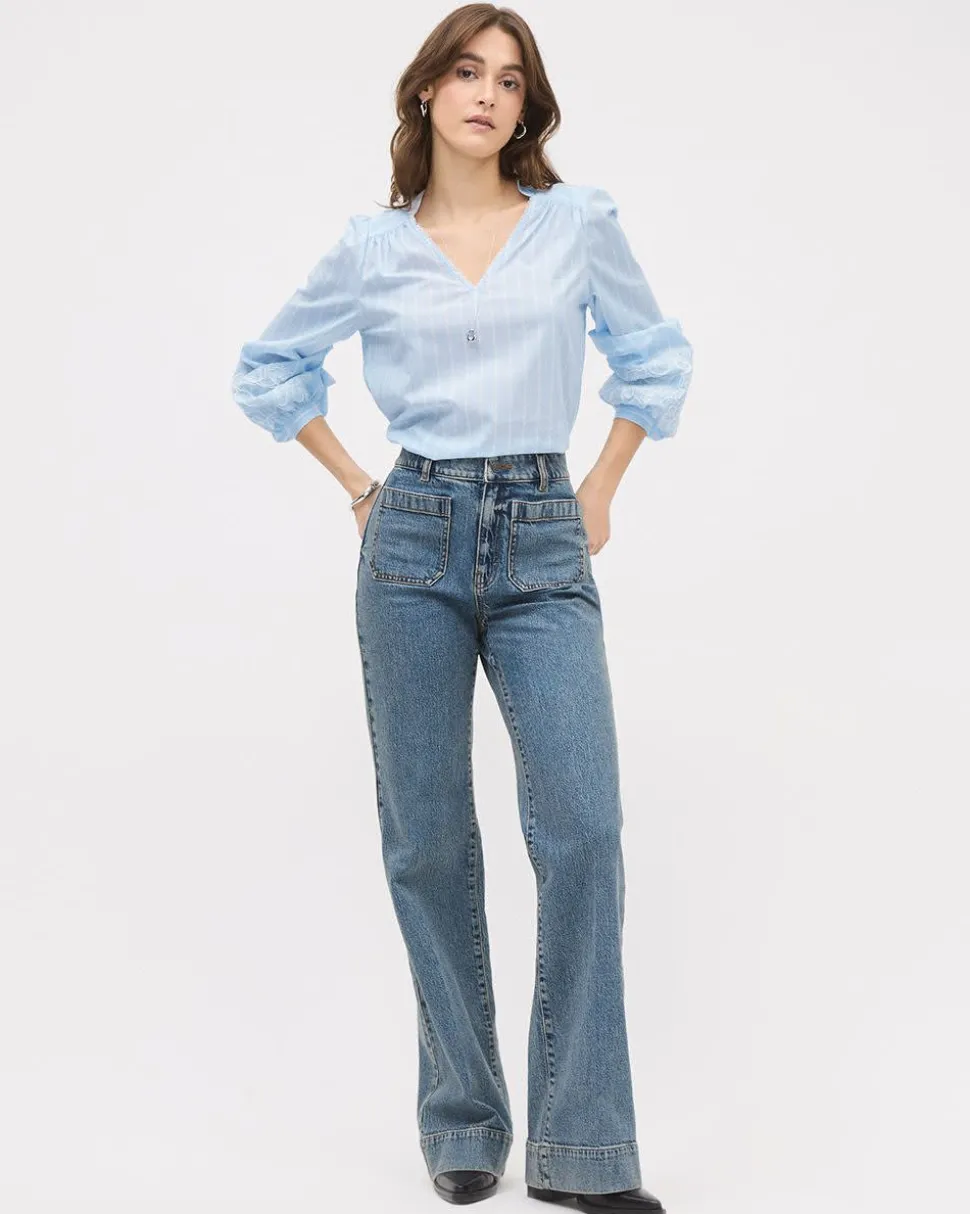 Long Medium-Wash High-Waisted Wide-Leg Jeans